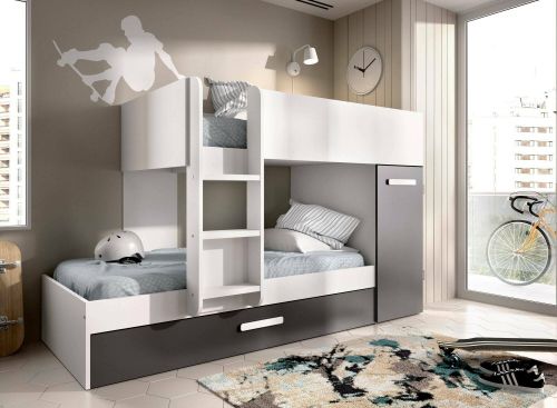 Letto per bambini Eiger, Cameretta completa con armadio e cassetto, Composizione letto a castello con due lettini singoli, 244x112h150 cm, Bianco e Antracite