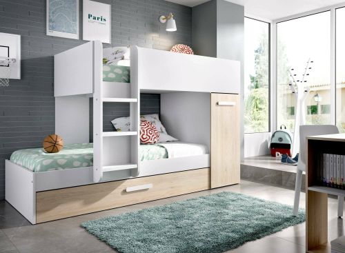 Letto per bambini Eiger, Cameretta completa con armadio e cassetto, Composizione letto a castello con due lettini singoli, 244x112h150 cm, Rovere e Bianco