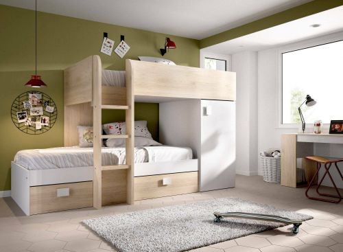 Letto per bambini Marmolada, Cameretta completa con armadio e cassetti, Composizione letto a castello con due lettini singoli, 255x112h150 cm, Bianco e Rovere