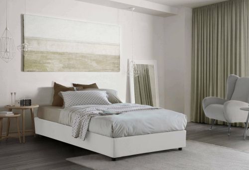 Letto piazza e mezza Camilla, Letto contenitore con rivestimento in tessuto, 100% Made in Italy, Apertura laterale, adatto per materasso Cm 120x190, Bianco