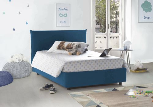 Letto piazza e mezza Creta, Letto contenitore con rivestimento in tessuto, 100% Made in Italy, Apertura frontale, con materasso Cm 120x190 incluso, Blu