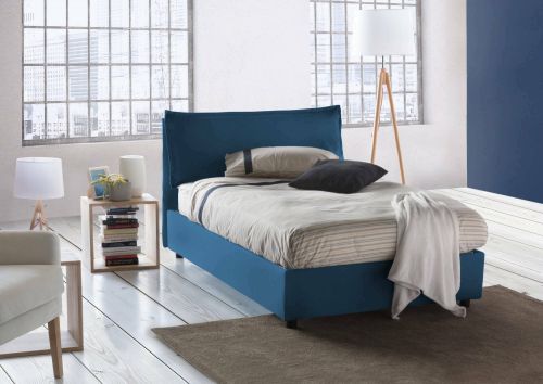 Letto piazza e mezza Desiree, Letto contenitore con rivestimento in tessuto, 100% Made in Italy, Apertura frontale, con materasso Cm 120x190 incluso, Blu