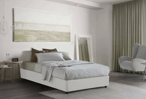 Letto piazza e mezza Nicole, Letto contenitore con rivestimento in tessuto, 100% Made in Italy, Apertura frontale, adatto per materasso Cm 120x190, Bianco