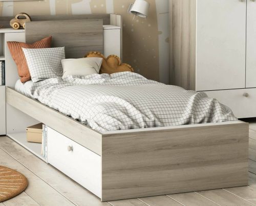 Letto singolo Agout, Sommier per camera da letto, Giroletto per stanza, Struttura porta materasso, 200x120 h 91 cm, Rovere e Bianco opaco