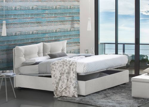 Letto singolo Albina, Letto contenitore con rivestimento in tessuto, 100% Made in Italy, Apertura frontale, con materasso Cm 80x190 incluso, Bianco