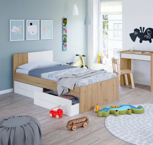 Letto singolo Anaheim, Letto singolo contenitore con testiera, Struttura letto a 2 cassetti per camera da letto, 196x97h77 cm, Rovere nodi e Bianco