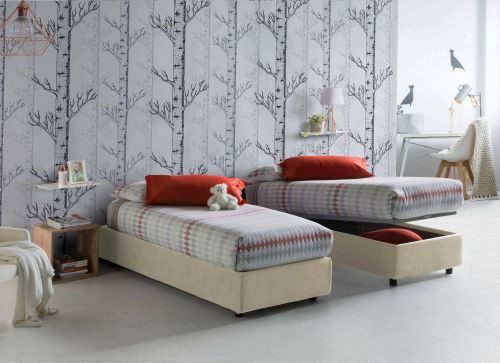 Letto singolo Asia, Letto contenitore con rivestimento in tessuto, 100% Made in Italy, Apertura frontale, adatto per materasso Cm 80x190, Beige