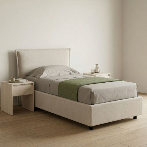 Letto Singolo Beige Sfoderabile Contenitore, Dimensione Materasso 80x200 cm Made in Italy - Bruino