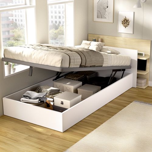 Letto Singolo Bianco Marrone Rovere Contenitore Dimensione Materasso 90x190 cm, Testiera con Libreria Inclusa