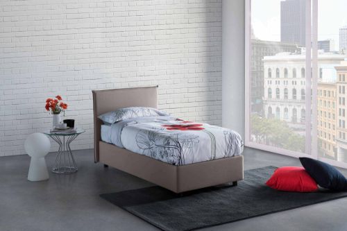 Letto singolo Bruna, Letto contenitore con rivestimento in tessuto, 100% Made in Italy, Apertura frontale, adatto per materasso Cm 80x190, Tortora