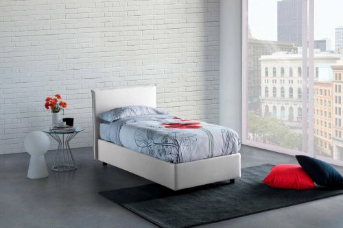 Letto singolo Brunella, Letto contenitore con rivestimento in tessuto, 100% Made in Italy, Apertura frontale, con materasso Cm 80x190 incluso, Bianco
