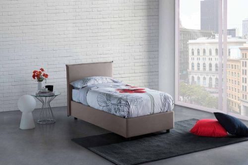 Letto singolo Brunella, Letto contenitore con rivestimento in tessuto, 100% Made in Italy, Apertura frontale, con materasso Cm 80x190 incluso, Tortora