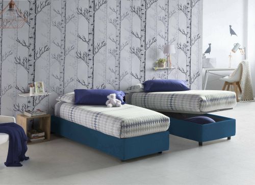 Letto singolo Caterina, Letto contenitore con rivestimento in tessuto, 100% Made in Italy, Apertura frontale, adatto per materasso Cm 80x200, Blu