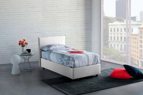 Letto singolo Catia, Letto contenitore con rivestimento in tessuto, 100% Made in Italy, Apertura frontale, con materasso Cm 80x200 incluso, Bianco