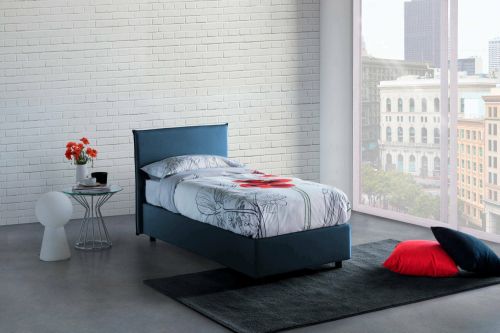 Letto singolo Chelsea, Letto contenitore con rivestimento in tessuto, 100% Made in Italy, Apertura frontale, adatto per materasso Cm 90x190, Blu