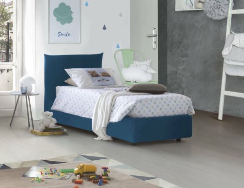 Letto singolo Clarissa, Letto contenitore con rivestimento in tessuto, 100% Made in Italy, Apertura frontale, adatto per materasso Cm 80x190, Blu