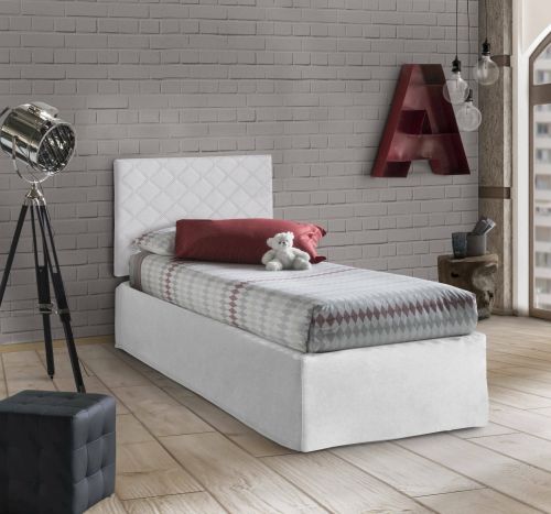 Letto singolo Cleofe, Set testata in ecopelle con rete ortopedica e mantovana, 100% Made in Italy, adatta a letto Singolo, per materasso da Cm 80x190, Bianco