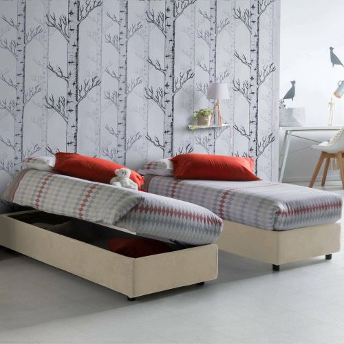 Letto singolo contenitore beige 95x205cm rivestituto in tessuto - Adoxa