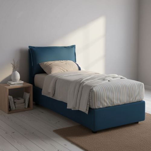 Letto singolo contenitore blu 105x205cm rivestito in tessuto - Aigor