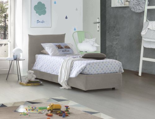 Letto singolo Cosetta, Letto contenitore con rivestimento in tessuto, 100% Made in Italy, Apertura laterale, con materasso Cm 80x190 incluso, Beige