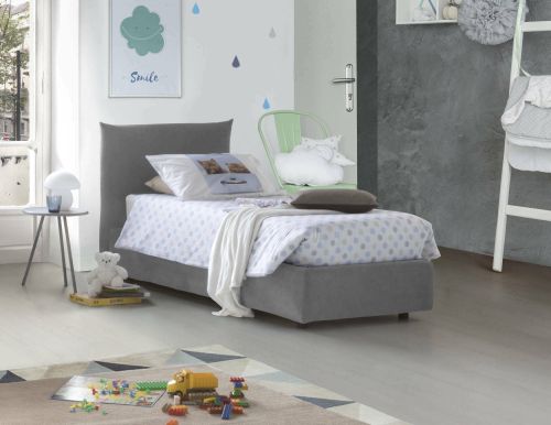 Letto singolo Cosetta, Letto contenitore con rivestimento in tessuto, 100% Made in Italy, Apertura laterale, con materasso Cm 80x190 incluso, Grigio