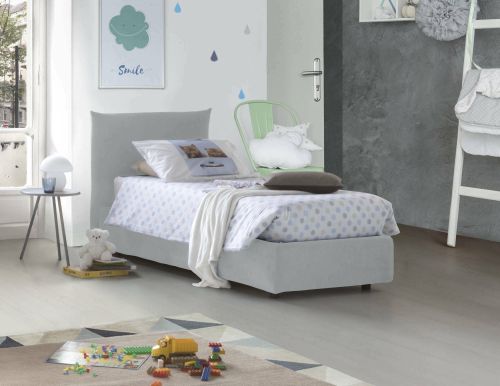 Letto singolo Daisy, Letto contenitore con rivestimento in tessuto, 100% Made in Italy, Apertura frontale, con materasso Cm 80x190 incluso, Bianco
