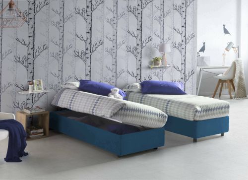 Letto singolo Diana, Letto contenitore con rivestimento in tessuto, 100% Made in Italy, Apertura laterale, con materasso Cm 80x190 incluso, Blu