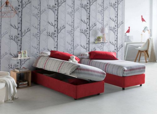 Letto singolo Diana, Letto contenitore con rivestimento in tessuto, 100% Made in Italy, Apertura laterale, con materasso Cm 80x190 incluso, Rosso