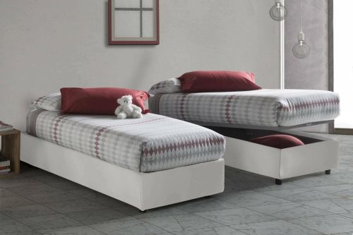 Letto singolo Eleonora, Letto contenitore con rivestimento in ecopelle, 100% Made in Italy, Apertura frontale, con materasso Cm 80x190 incluso, Bianco
