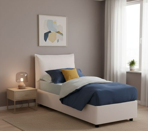 Letto singolo Ester, Letto contenitore con rivestimento in ecopelle, 100% Made in Italy, Apertura frontale, adatto per materasso Cm 80x190, Bianco