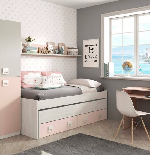 Letto singolo Fairfield, Struttura letto per cameretta, Letto singolo con lettino estraibile e 2 cassetti e mensola, 199x96h65 cm, Bianco e Rosa