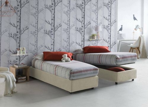 Letto singolo Ilaria, Letto contenitore con rivestimento in tessuto, 100% Made in Italy, Apertura frontale, adatto per materasso Cm 90x190, Beige