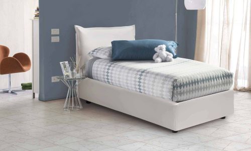 Letto singolo Livia, Letto contenitore con rivestimento in ecopelle, 100% Made in Italy, Apertura laterale, adatto per materasso Cm 80x190, Bianco