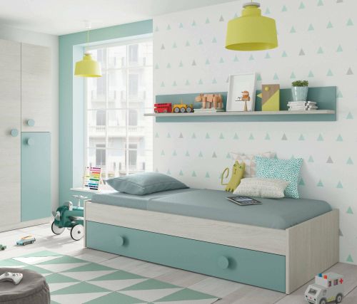 Letto singolo Lubbock, Struttura letto per cameretta, Letto con lettino estraibile o cassettone e mensola abbinata, 201x98h43 cm, Bianco e Verde acqua