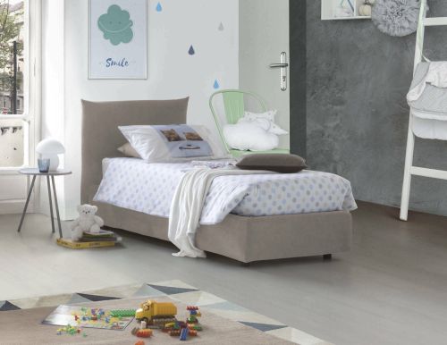 Letto singolo Marina, Letto contenitore con rivestimento in tessuto, 100% Made in Italy, Apertura laterale, adatto per materasso Cm 80x190, Tortora