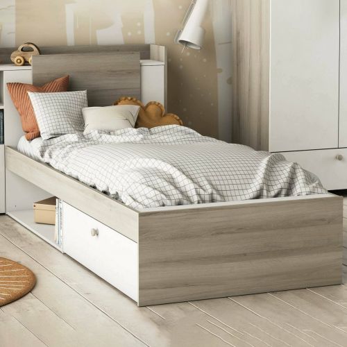 Letto singolo moderno rovere e bianco opaco 124x226cm adatto per materasso 90x200 cm - Wali