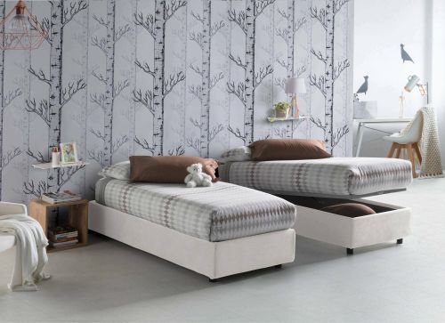 Letto singolo Rachele, Letto contenitore con rivestimento in tessuto, 100% Made in Italy, Apertura frontale, con materasso Cm 80x200 incluso, Bianco