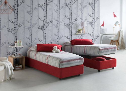 Letto singolo Rachele, Letto contenitore con rivestimento in tessuto, 100% Made in Italy, Apertura frontale, con materasso Cm 80x200 incluso, Rosso