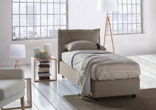 Letto singolo Rossella, Letto contenitore con rivestimento in tessuto, 100% Made in Italy, Apertura frontale, con materasso Cm 80x200 incluso, Tortora