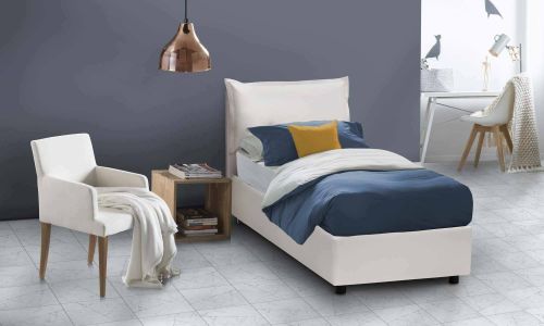 Letto singolo Sarah, Letto contenitore con rivestimento in ecopelle, 100% Made in Italy, Apertura frontale, adatto per materasso Cm 90x200, Bianco
