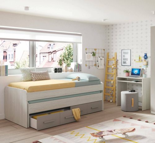 Letto singolo Spokane, Struttura letto per cameretta, Letto singolo con lettino estraibile e 4 cassettoni, 198x96h69 cm, Bianco e Marrone