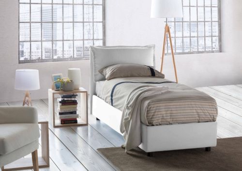 Letto singolo Vanessa, Letto contenitore con rivestimento in tessuto, 100% Made in Italy, Apertura frontale, adatto per materasso Cm 80x190, Bianco