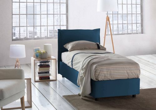 Letto singolo Vanessa, Letto contenitore con rivestimento in tessuto, 100% Made in Italy, Apertura frontale, adatto per materasso Cm 80x190, Blu