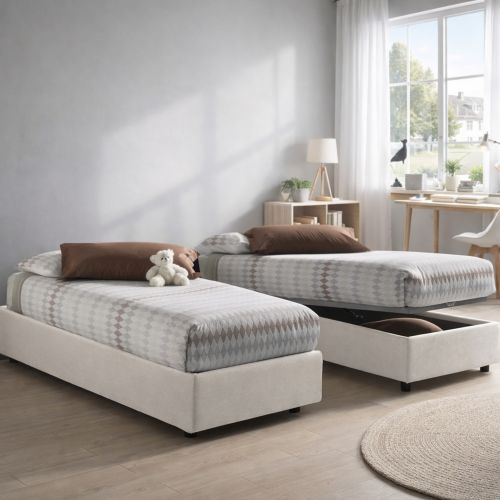 Letto una piazza contenitore bianco 95x215cm rivestimento in tessuto - Avova