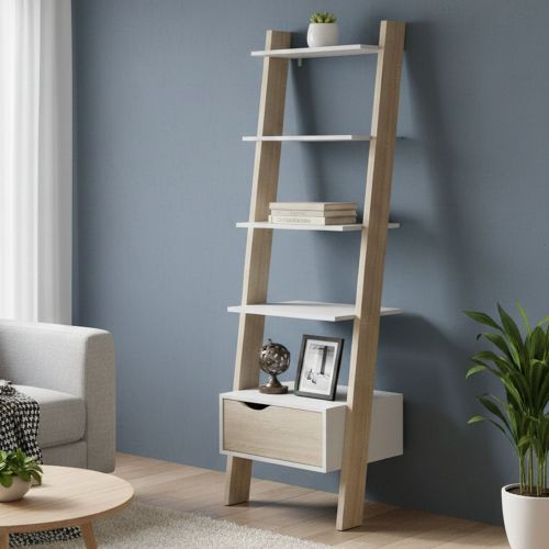 Libreria 4 ripiani bianca e quercia 55x180h cm - Acascia