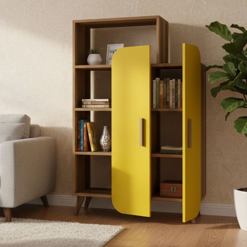 Libreria 5 ripiani noce e gialla 90x132h cm - Agni