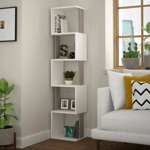 Libreria Aglaia, Scaffale da ufficio, Mobile portalibri, Biblioteca, 35x30h161 cm, Bianco e Tortora