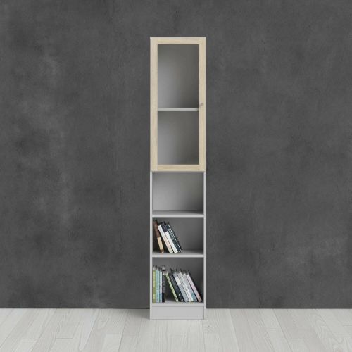 Libreria Alberte, Scaffale da ufficio, Mobile portalibri, Biblioteca, 28x41 h203 cm, Bianco e Quercia