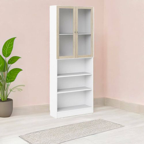 Libreria Alixane, Scaffale da ufficio, Mobile portalibri, Biblioteca, 28x79 h203 cm, Bianco e Quercia