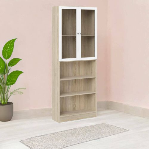 Libreria Alixane, Scaffale da ufficio, Mobile portalibri, Biblioteca, 28x79 h203 cm, Quercia e Bianco